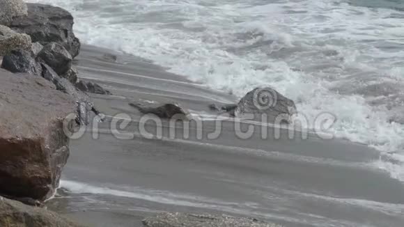 海浪移动到沙质海岸岩石产生轻泡沫白色的水视频的预览图