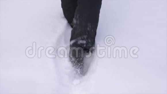 人的双腿在冬天的雪堆上行走在雪林中靠近视频的预览图