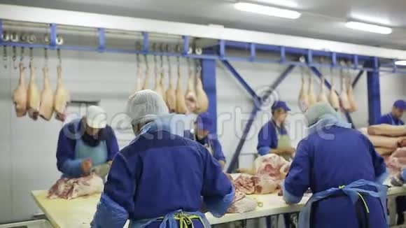 肉类加工厂的工人准备新鲜肉类运往商店并生产香肠视频的预览图