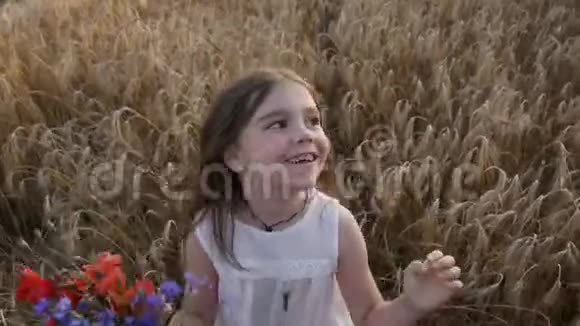 日落时麦田里的小女孩带着一束野花视频的预览图