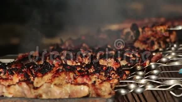 在阳光明媚的日子里在烤肉串上准备美味的烤肉烤肉烧烤很多烤串在烤架上视频的预览图