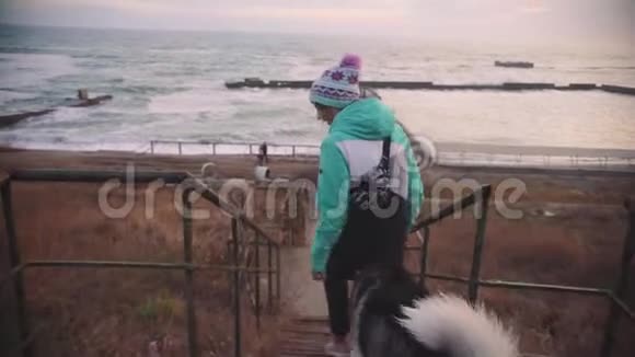 日落时分年轻美丽的女性和西伯利亚哈士奇狗在海滩上散步动作缓慢视频的预览图