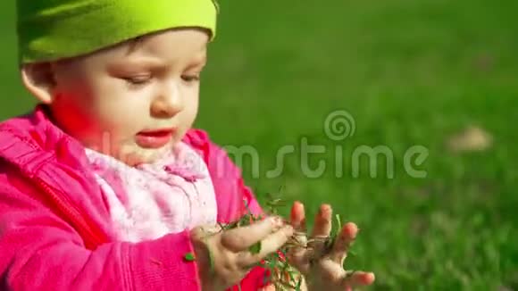小可爱的女婴坐在绿草上玩着黄叶视频的预览图
