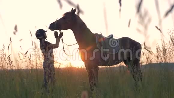 带着她的马在夕阳背景下的女人视频的预览图