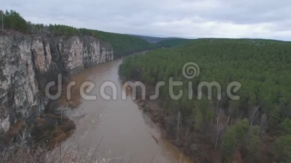 全景俯瞰环绕着一片巨大森林的山河视频的预览图