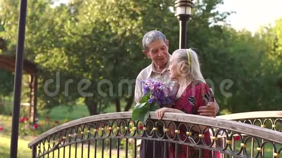 一对老年夫妇站在公园的人行桥上视频的预览图