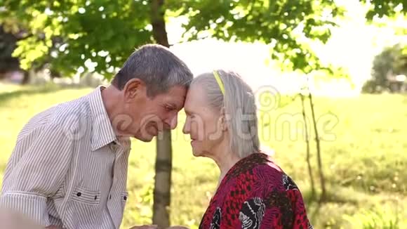 快乐的祖父母在公园里摸前额视频的预览图