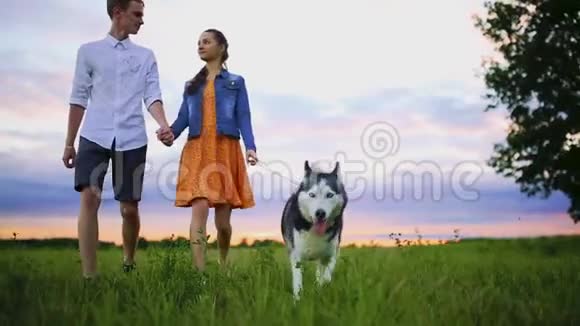 可爱的夫妇在海滩上和狗玩关于爱动物和生活方式的概念视频的预览图