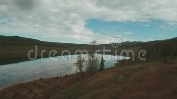 空中观山湖美丽的云彩反射在水面上岸上的针叶林视频的预览图