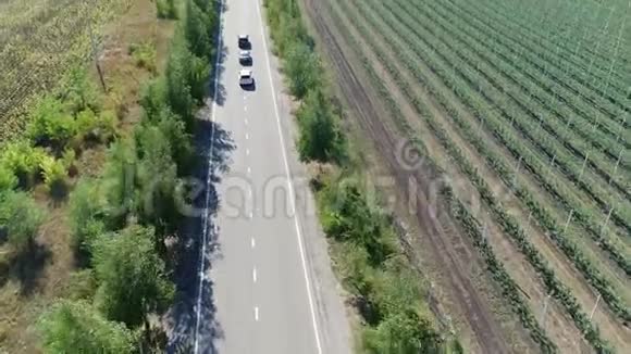 城外高速公路俯瞰全貌高速公路沿着绿地三辆车正在行驶视频的预览图