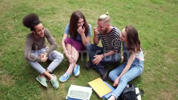四个大学朋友坐在草坪上交谈的正面景色视频的预览图
