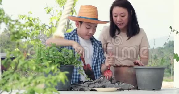 年轻的亚洲母亲和她的孩子准备黑土在花园里种植视频的预览图