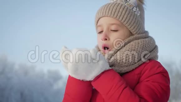 快乐的年轻女孩玩得开心在美丽的冬日享受新鲜的雪戴着温暖手套的女孩吹雪户外活动视频的预览图