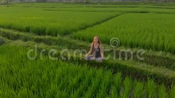 日出日落时分一位妇女在一片奇妙的稻田上冥想视频的预览图