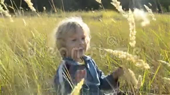 快乐的男孩坐在草地上视频的预览图