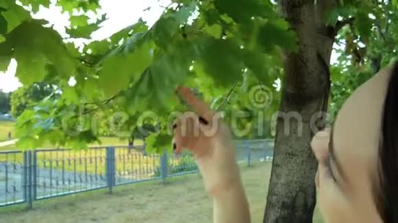 可爱的黑发少女站在一棵树旁边抚摸着球绿色的叶子视频的预览图