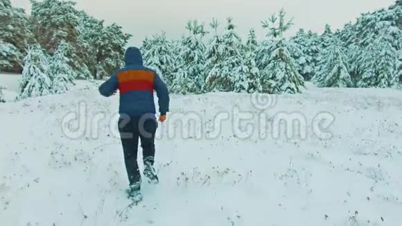 运动员穿过白雪森林冬季训练期间运动员在寒冷的雪天外跑步视频的预览图