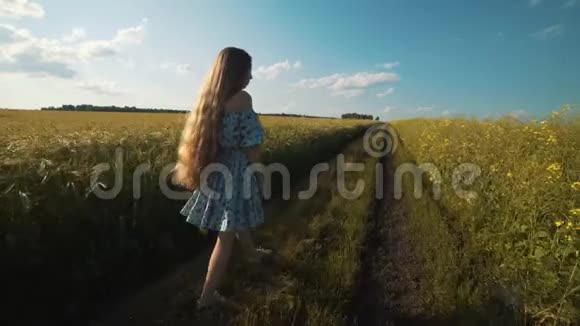 一个穿着裙子的女人正走在麦田里的乡间小路上视频的预览图