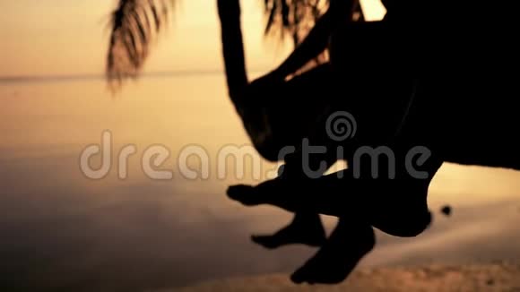 在令人惊叹的日落中年轻幸福夫妇坐在棕榈树上的剪影挥舞着双腿双脚合拢视频的预览图
