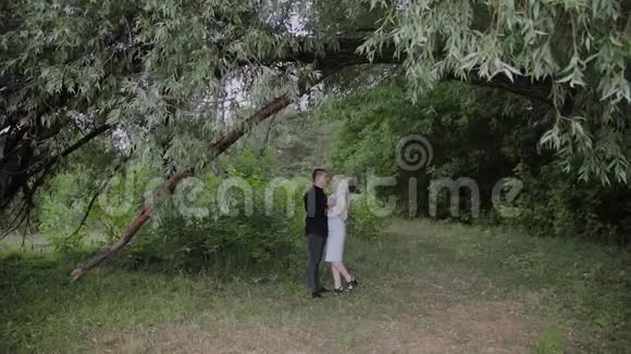 两个情人在阳光明媚的天气里坐在树下互相看着对方微笑着视频的预览图