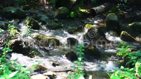 在一条流动的河流中有一块石头在搅动着水视频的预览图