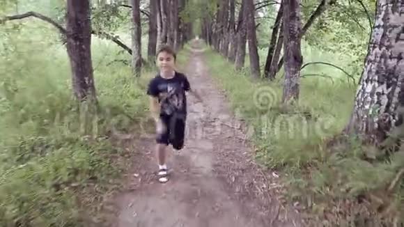 肖像一个快乐美丽的小男孩跑过公园在一个夏天阳光明媚的日子里跳着笑视频的预览图