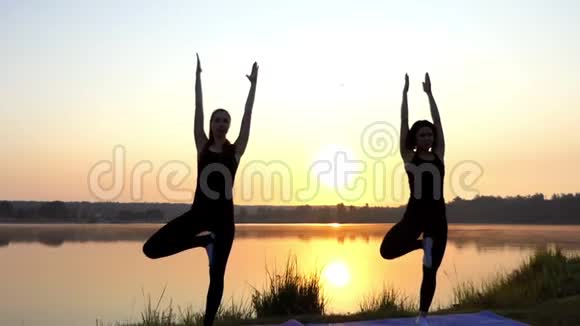 两位年轻女性在斯隆莫湖畔日落时做瑜伽树练习视频的预览图