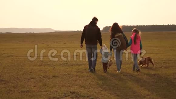 一家人和狗在平原上旅行亲密家庭的团队合作母亲幼儿和宠物视频的预览图