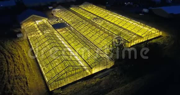 美丽的鸟瞰大温室里面有光生态农场在漆黑的夜晚熠熠生辉视频的预览图