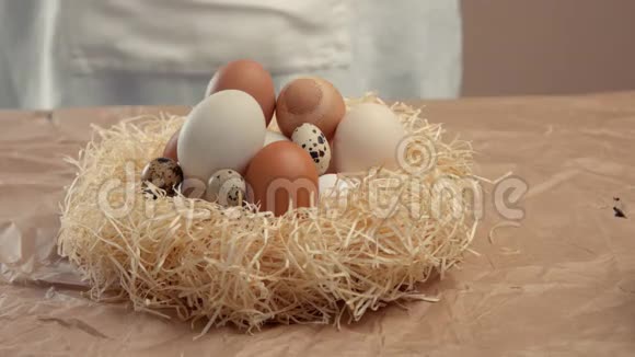 男人从农场的巢里拿走一个鸡蛋视频的预览图