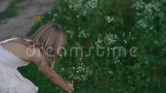 穿着白色裙子在绿茵场上玩花的小女孩视频的预览图