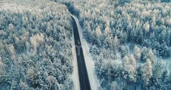 在穿过森林深处的道路上行驶的汽车上的一次空中射击4K视频的预览图