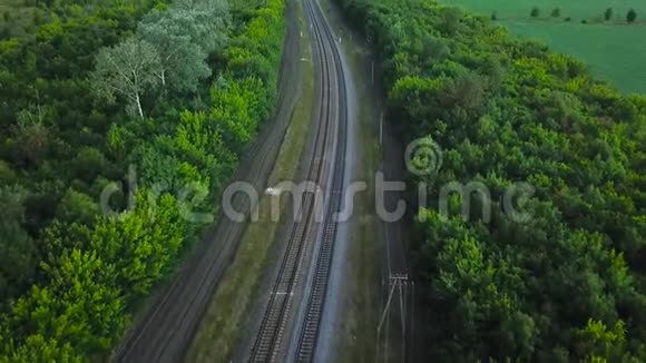 绿色森林环绕的空直双向铁路鸟瞰图视频的预览图