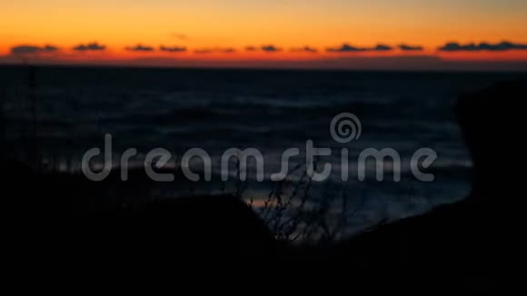 金色橙色的海上日落前景上岩石的轮廓和飘扬的草地视频的预览图
