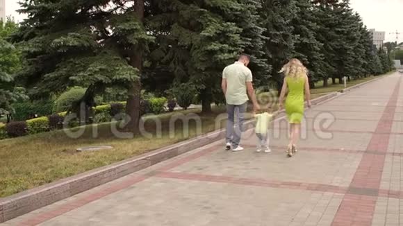 夏天妈妈和爸爸和小儿子在公园里散步慢动作视频的预览图