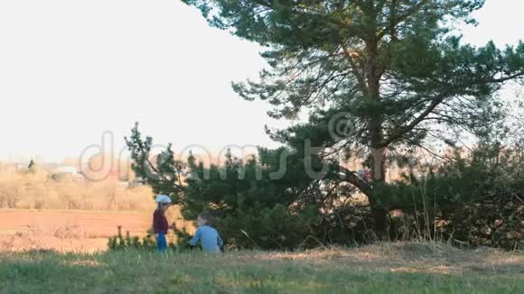 兄妹俩一起在森林里的草地上玩耍视频的预览图