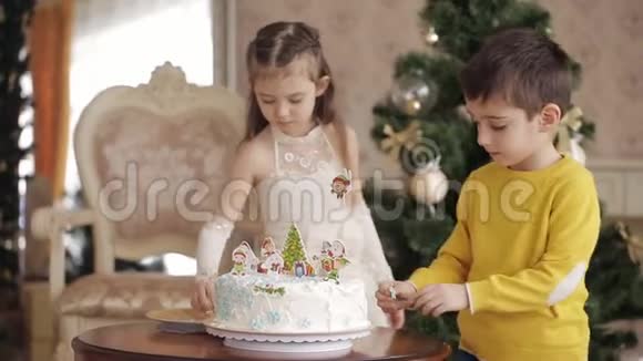 可爱的小女孩和男孩把甜蜜的雪花放在圣诞蛋糕上漂亮的孩子在宽敞明亮的房间里靠近视频的预览图