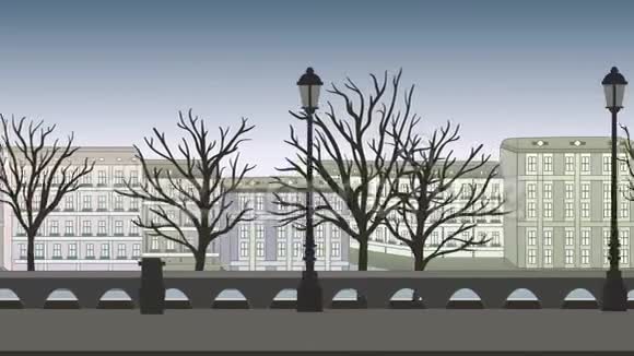 动画背景有建筑物树木和灯柱的欧洲城市街道平动画视差录像视频的预览图