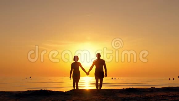 幸福的一对夫妇在夕阳的背景下手牵着手沿着海边散步视频的预览图