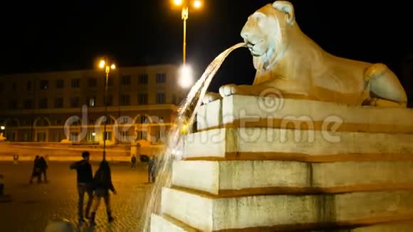 在罗马最美丽的广场广场广场上一头狮子从嘴里喷出水来这是一个夜晚的镜头视频的预览图
