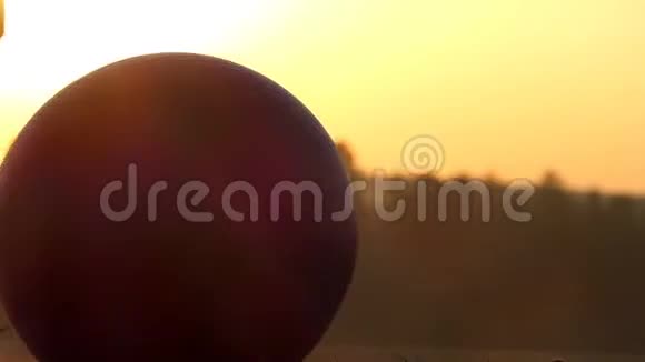 日落时分雌性手在湖岸上滚动一个健身球视频的预览图