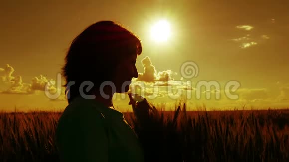 一个女孩在田野上的剪影在日落时双手捧着耳朵视频的预览图
