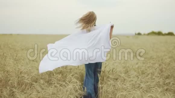 一个穿着蓝色长裙子的年轻女子手里拿着一条披肩穿着金色麦田她的背影很迷人视频的预览图