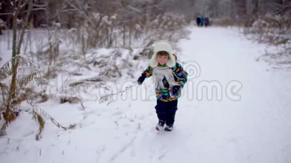 冬天一个非常可爱快乐的小男孩在公园里跑步冬天的时候快乐的男孩在雪地冬季公园玩得很开心他是视频的预览图