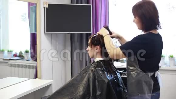 理发师梳头年轻女性刷总体看法视频的预览图
