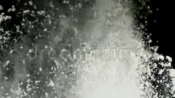 白色干粉爆炸白色灰尘落下来隔离在黑色背景上库存录像为了白色而关闭视频的预览图