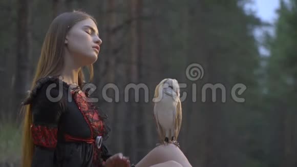 一只浅棕色的猫头鹰躺在针叶林中间的女人膝盖上同时她发出一个缓慢的空中吻视频的预览图