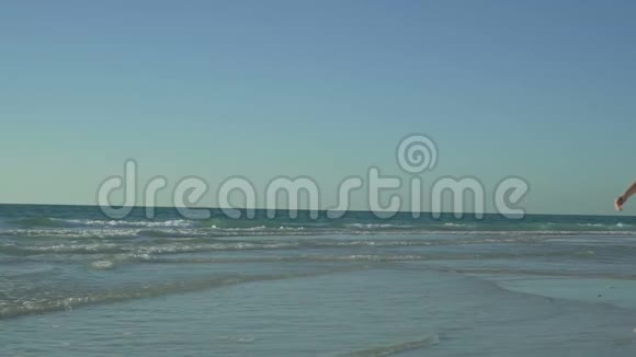 穿着带太阳镜的粉红色裙子的快乐女人正在海滩上嗅着一朵花美丽的女孩在空旷的海滩上转视频的预览图