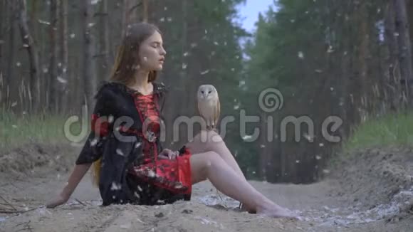 一个留着长发的女孩坐在森林中央的一条小路上穿着一件黑色的衣服看着一只浅棕色的猫头鹰视频的预览图