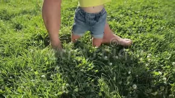 父亲和小男孩赤脚在草地上行走视频的预览图